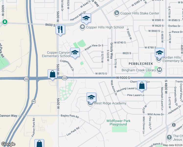 map of restaurants, bars, coffee shops, grocery stores, and more near 8964 Aspen View Drive West in West Jordan