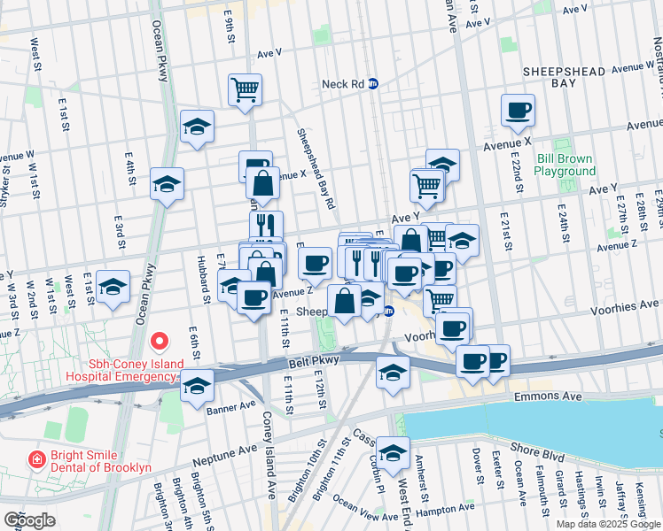 map of restaurants, bars, coffee shops, grocery stores, and more near 2546 East 13th Street in Brooklyn