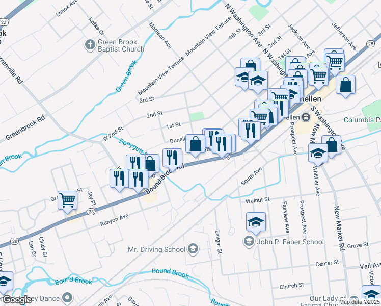 map of restaurants, bars, coffee shops, grocery stores, and more near 726 Front Street in Dunellen