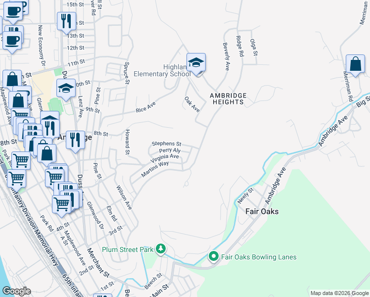 map of restaurants, bars, coffee shops, grocery stores, and more near 588 Stephens St in Ambridge