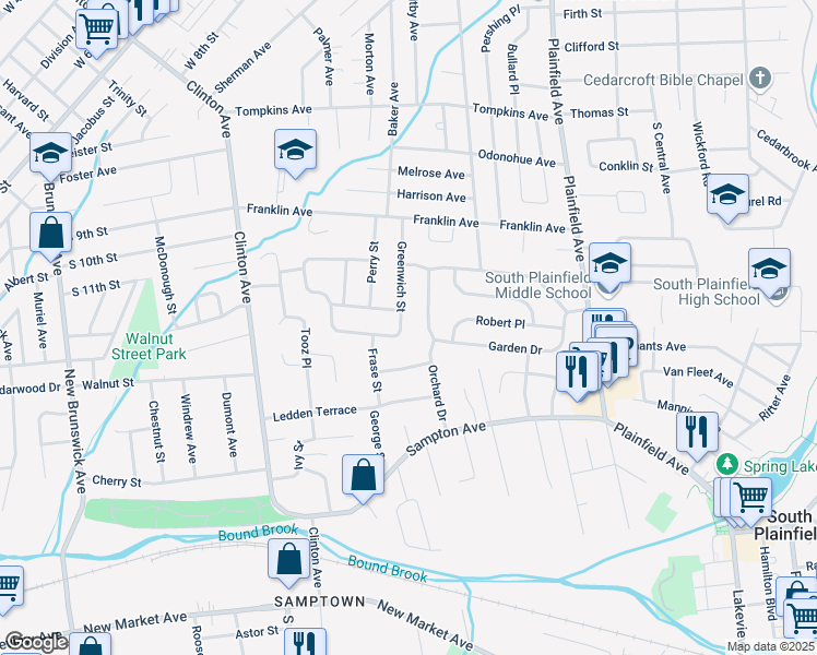 map of restaurants, bars, coffee shops, grocery stores, and more near 2060 Greenwich Street in South Plainfield