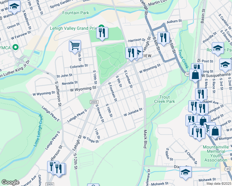 map of restaurants, bars, coffee shops, grocery stores, and more near 1102 South 9th Street in Allentown