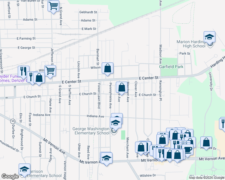 map of restaurants, bars, coffee shops, grocery stores, and more near 152 Pennsylvania Avenue in Marion