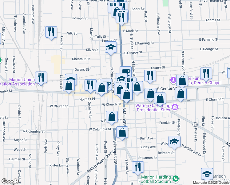 map of restaurants, bars, coffee shops, grocery stores, and more near 143 West Center Street in Marion