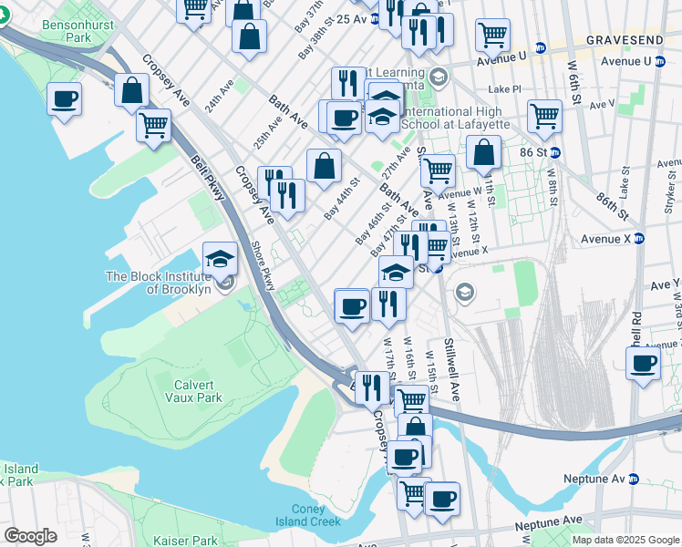 map of restaurants, bars, coffee shops, grocery stores, and more near 189 Bay 46th Street in Brooklyn