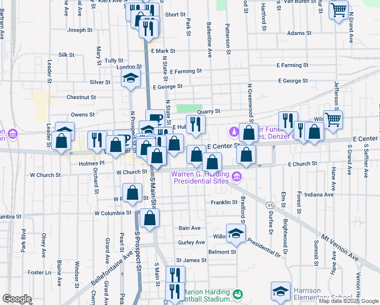 map of restaurants, bars, coffee shops, grocery stores, and more near 219 East Center Street in Marion