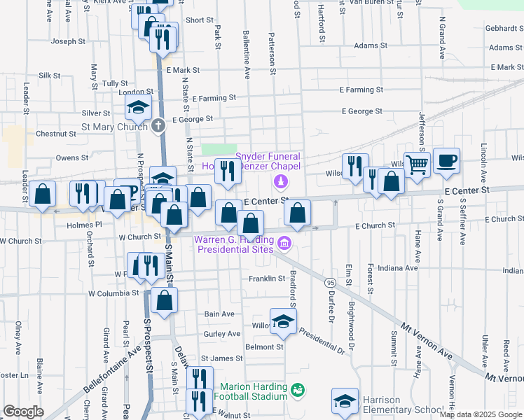 map of restaurants, bars, coffee shops, grocery stores, and more near 333 East Center Street in Marion