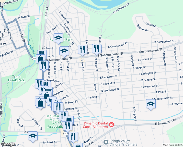 map of restaurants, bars, coffee shops, grocery stores, and more near 40 East Tioga Street in Allentown