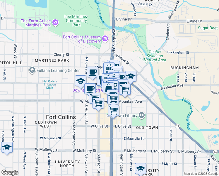 map of restaurants, bars, coffee shops, grocery stores, and more near 155 North College Avenue in Fort Collins