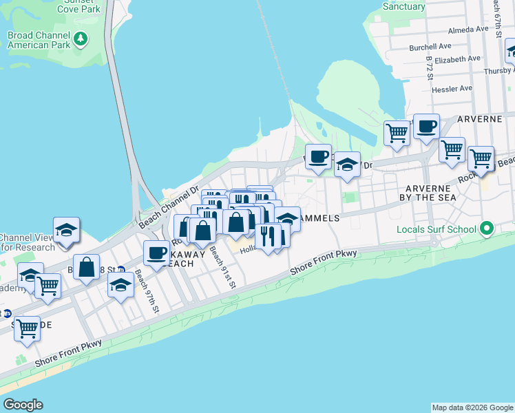 map of restaurants, bars, coffee shops, grocery stores, and more near 231 Beach 86th Street in Queens