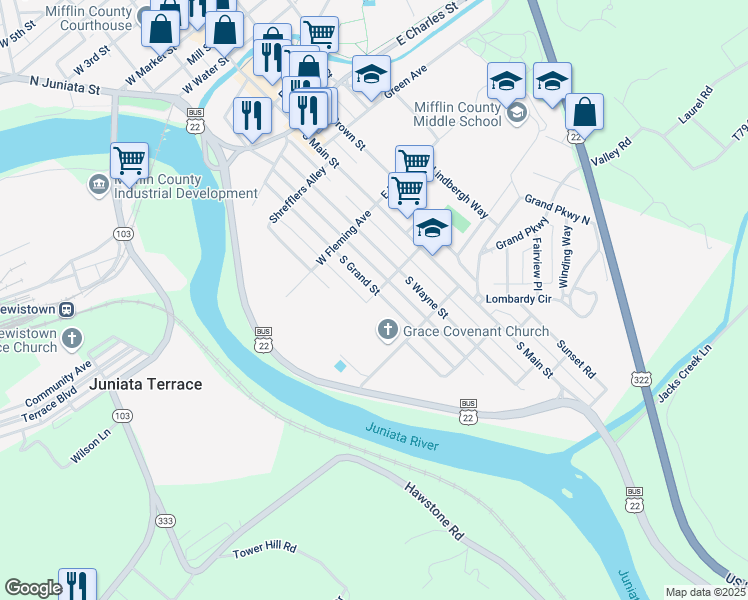 map of restaurants, bars, coffee shops, grocery stores, and more near 600 South Grand Street in Lewistown