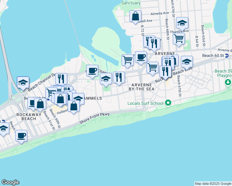 map of restaurants, bars, coffee shops, grocery stores, and more near 201 Beach 77th Street in Queens
