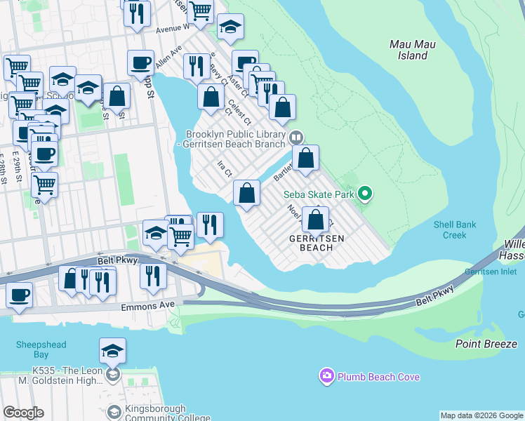 map of restaurants, bars, coffee shops, grocery stores, and more near 106 Just Court in Brooklyn