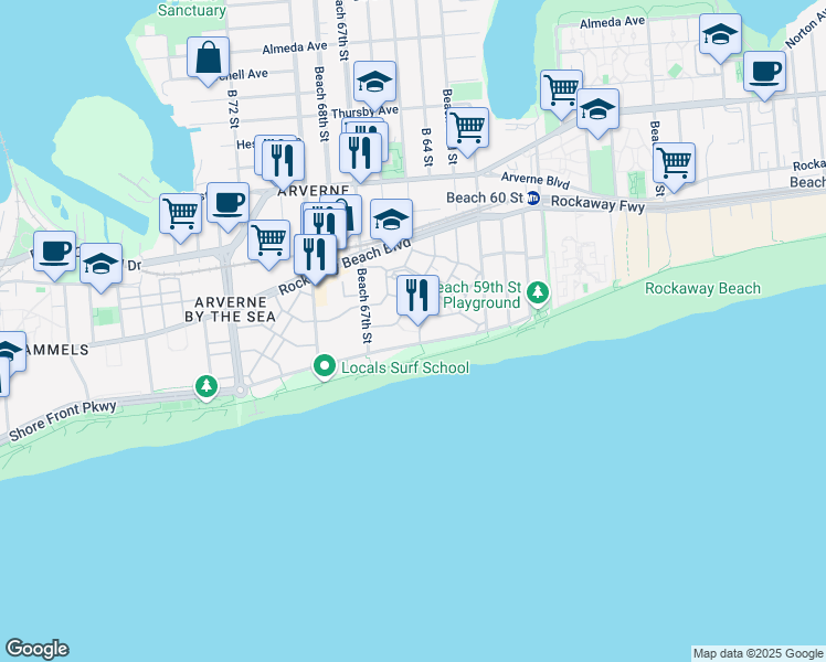 map of restaurants, bars, coffee shops, grocery stores, and more near 114 Beach Way in Queens