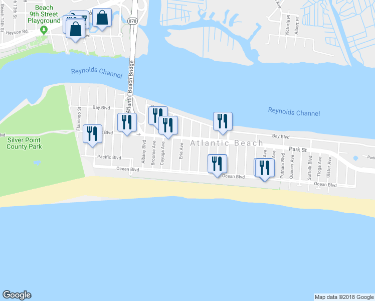 map of restaurants, bars, coffee shops, grocery stores, and more near 73 Fulton Avenue in Atlantic Beach