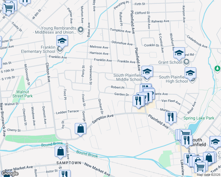 map of restaurants, bars, coffee shops, grocery stores, and more near 165 Robert Place in South Plainfield