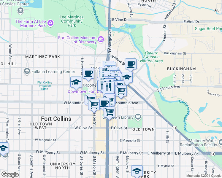 map of restaurants, bars, coffee shops, grocery stores, and more near 172 North College Avenue in Fort Collins
