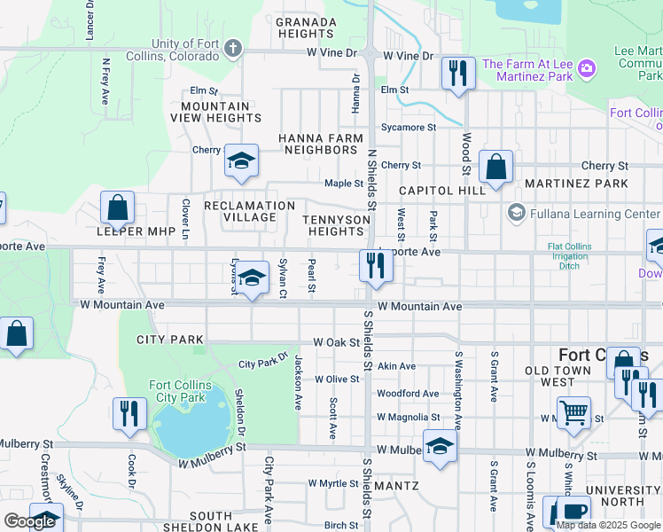 map of restaurants, bars, coffee shops, grocery stores, and more near 112 Jamith Place in Fort Collins