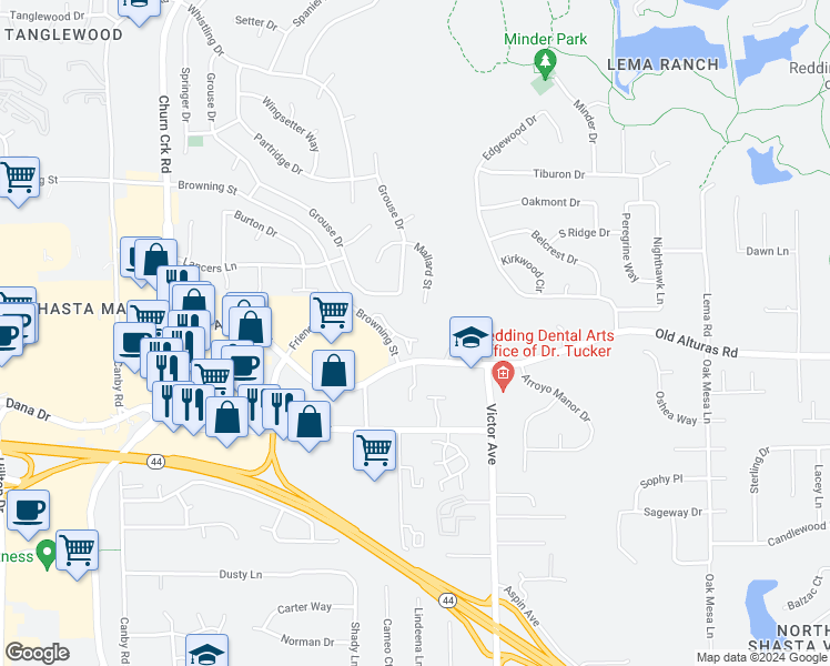 map of restaurants, bars, coffee shops, grocery stores, and more near 1186 Old Alturas Road in Redding