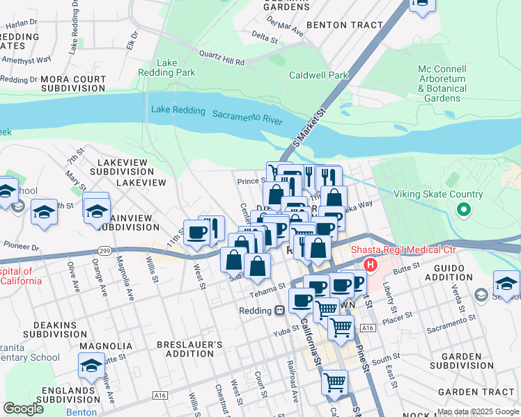 map of restaurants, bars, coffee shops, grocery stores, and more near 1458 Trinity Street in Redding