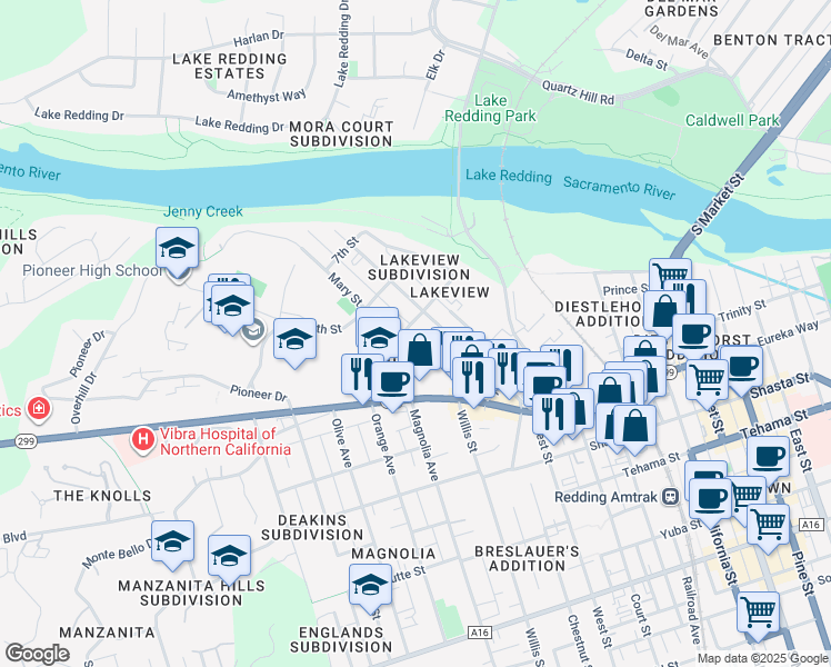 map of restaurants, bars, coffee shops, grocery stores, and more near 930 West Street in Redding