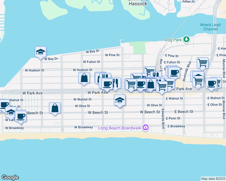 map of restaurants, bars, coffee shops, grocery stores, and more near 225 West Park Avenue in Long Beach