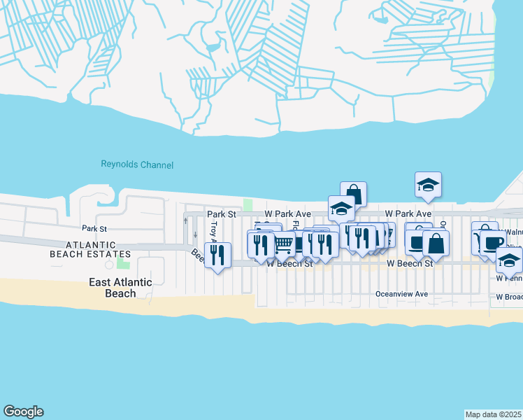 map of restaurants, bars, coffee shops, grocery stores, and more near 1207 West Park Avenue in East Atlantic Beach