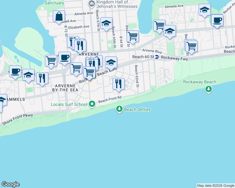 map of restaurants, bars, coffee shops, grocery stores, and more near 114 Beach Way in Queens