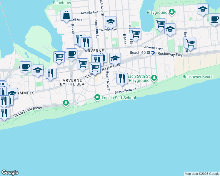 map of restaurants, bars, coffee shops, grocery stores, and more near 6529 Seaspray Avenue in Queens