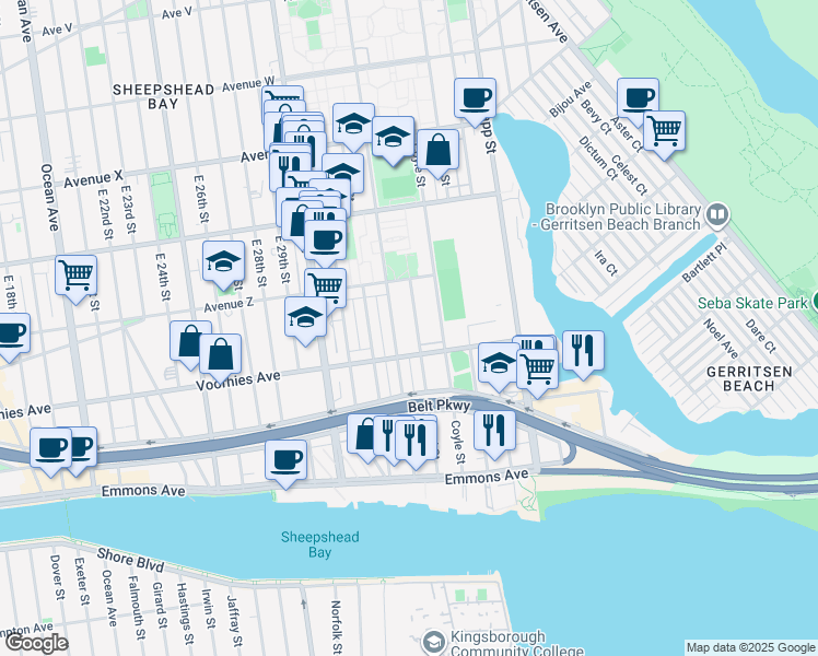 map of restaurants, bars, coffee shops, grocery stores, and more near 2659 Batchelder Street in Brooklyn