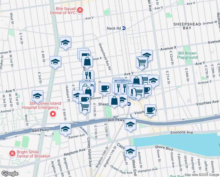 map of restaurants, bars, coffee shops, grocery stores, and more near 1213 Avenue Z in Brooklyn