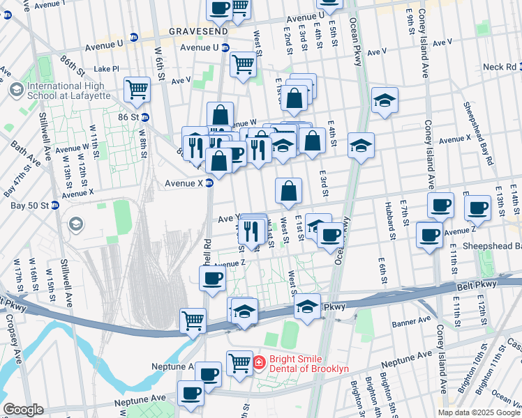 map of restaurants, bars, coffee shops, grocery stores, and more near 2482 West 1st Street in Brooklyn