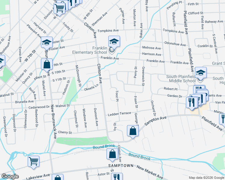 map of restaurants, bars, coffee shops, grocery stores, and more near 1450 Tooz Place in South Plainfield