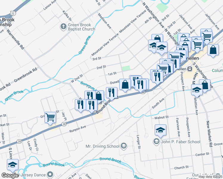 map of restaurants, bars, coffee shops, grocery stores, and more near 726 Front Street in Dunellen