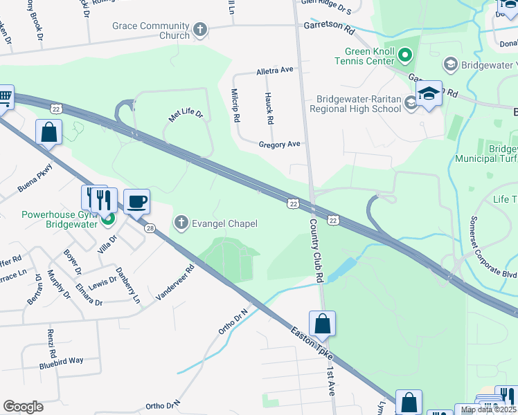 map of restaurants, bars, coffee shops, grocery stores, and more near 530 U.S. 22 in Bridgewater