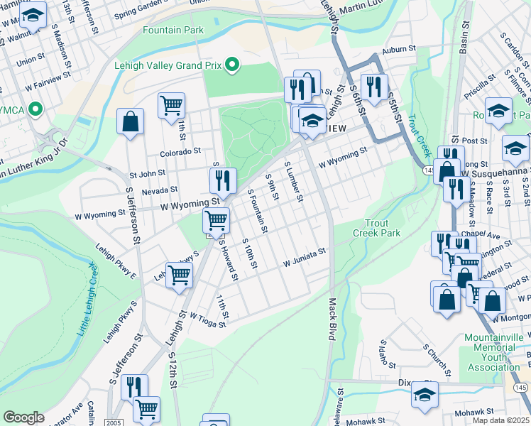 map of restaurants, bars, coffee shops, grocery stores, and more near 1102 South 9th Street in Allentown