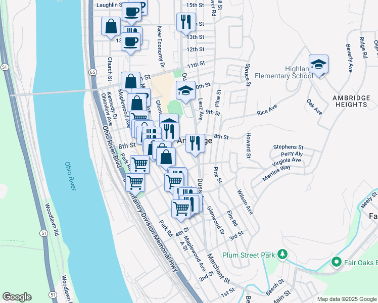 map of restaurants, bars, coffee shops, grocery stores, and more near 648 Glenwood Avenue in Ambridge