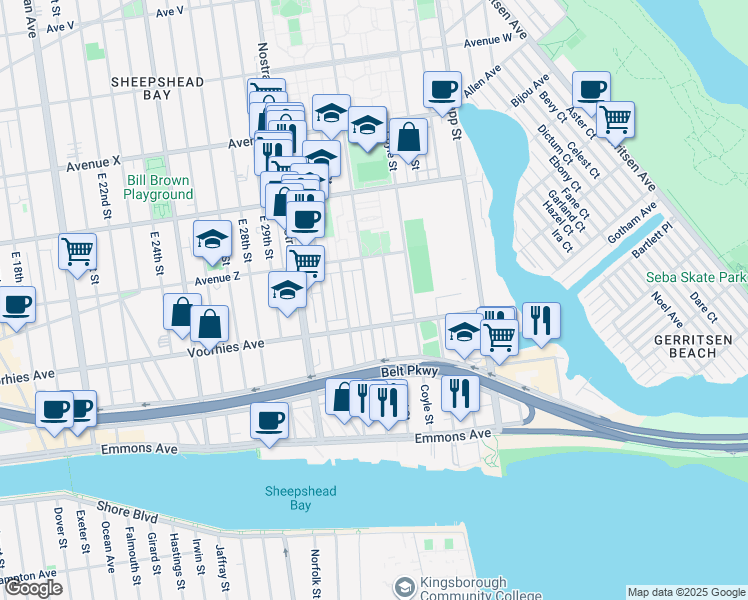 map of restaurants, bars, coffee shops, grocery stores, and more near 2659 Batchelder Street in Brooklyn