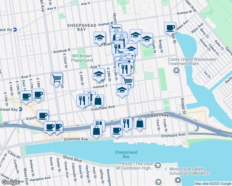 map of restaurants, bars, coffee shops, grocery stores, and more near 2636 East 29th Street in Brooklyn
