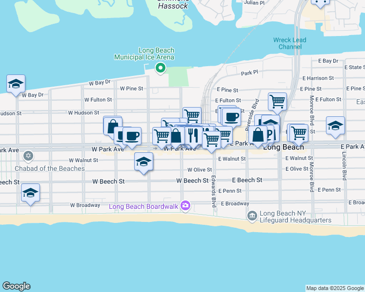 map of restaurants, bars, coffee shops, grocery stores, and more near 384 National Boulevard in Long Beach