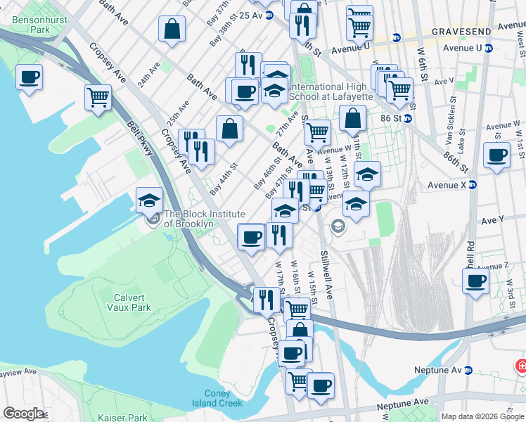 map of restaurants, bars, coffee shops, grocery stores, and more near 150 Bay 47th Street in Brooklyn