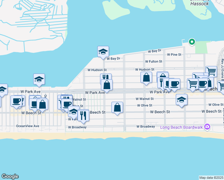 map of restaurants, bars, coffee shops, grocery stores, and more near 4 West Park Avenue in Long Beach