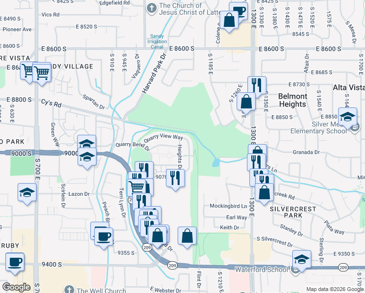 map of restaurants, bars, coffee shops, grocery stores, and more near 8955 Heights Drive in Sandy