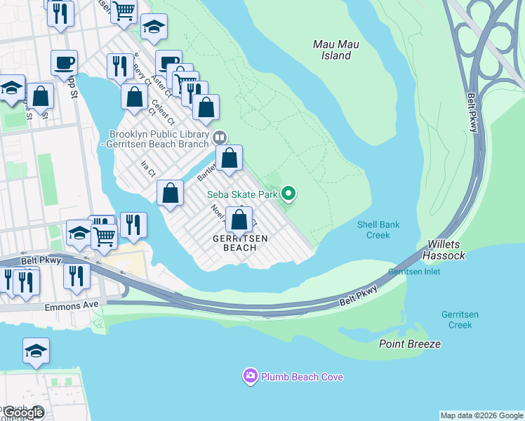 map of restaurants, bars, coffee shops, grocery stores, and more near 54 Beacon Court in Brooklyn