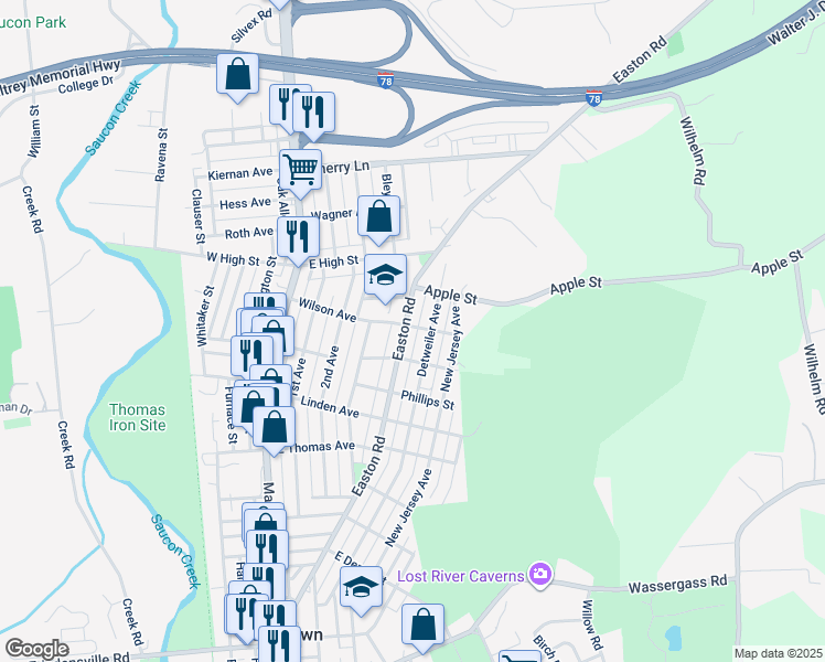 map of restaurants, bars, coffee shops, grocery stores, and more near 1339 Easton Road in Hellertown