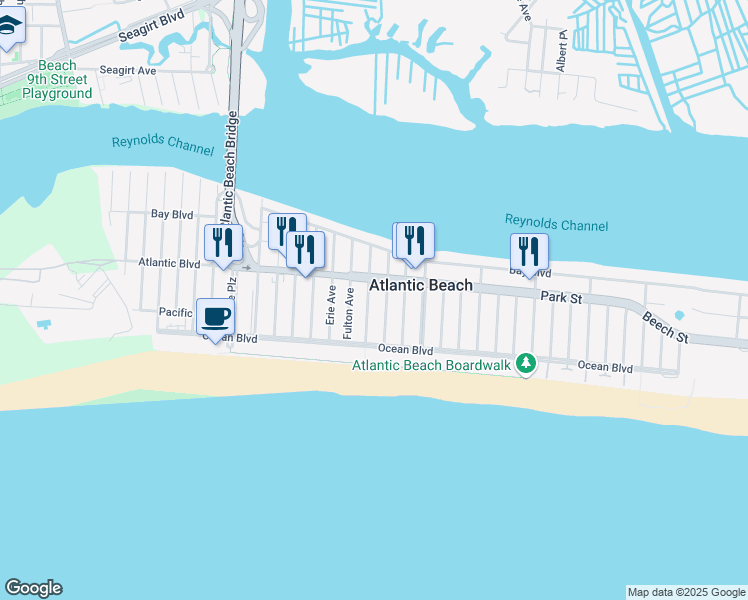 map of restaurants, bars, coffee shops, grocery stores, and more near 78 Genesee Boulevard in Atlantic Beach