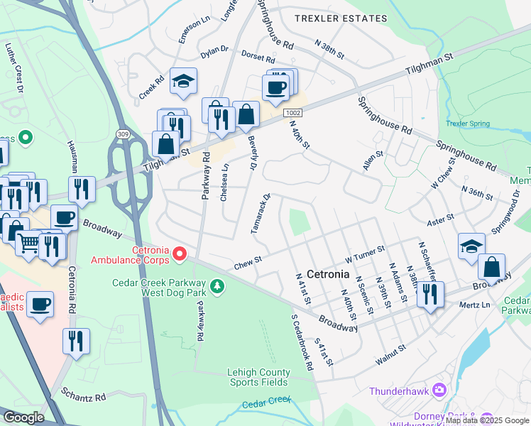map of restaurants, bars, coffee shops, grocery stores, and more near 367 Tamarack Drive in Allentown