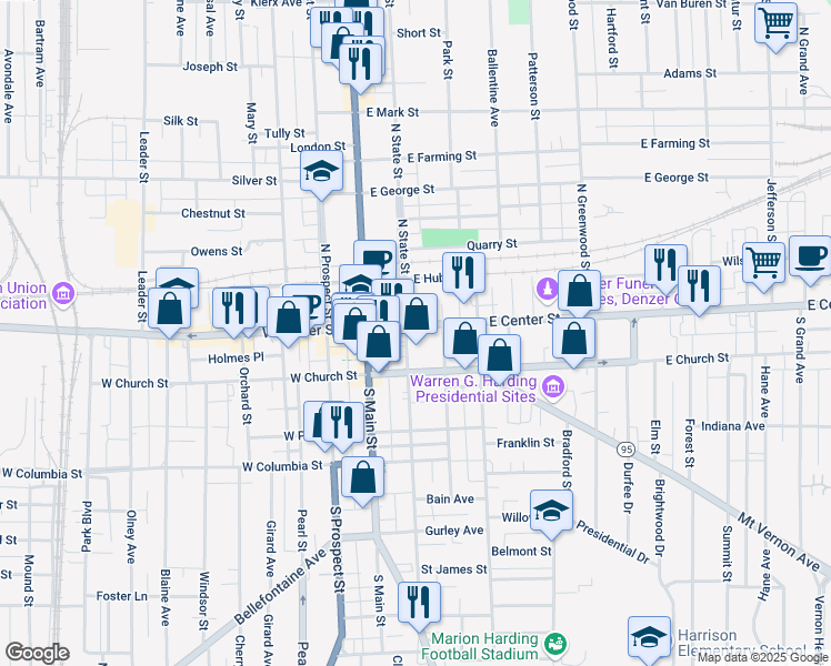 map of restaurants, bars, coffee shops, grocery stores, and more near 169 E Center St in Marion