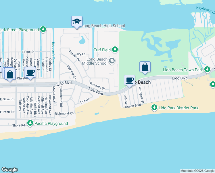 map of restaurants, bars, coffee shops, grocery stores, and more near 14 Reynolds Drive in Lido Beach