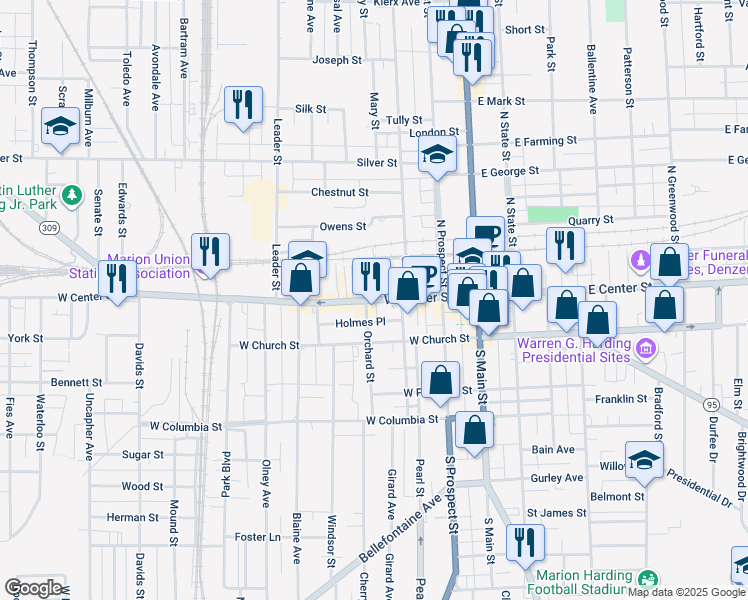 map of restaurants, bars, coffee shops, grocery stores, and more near 272 West Center Street in Marion